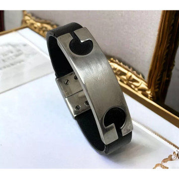 正貨 二手精品 GUCCI 古馳 黑色皮革純銀手環（925純銀製作）