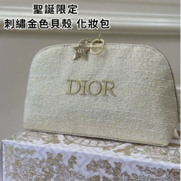 現貨  dior 品牌 彩妝專櫃 2024聖誕限定 刺繡金色貝殼 化妝包 有盒 金絲 拉鍊化妝包